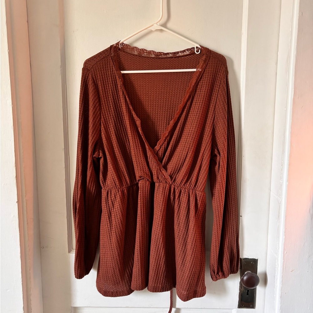 SHEIN Brown Wrap Blouse with Relaxed Sleeves